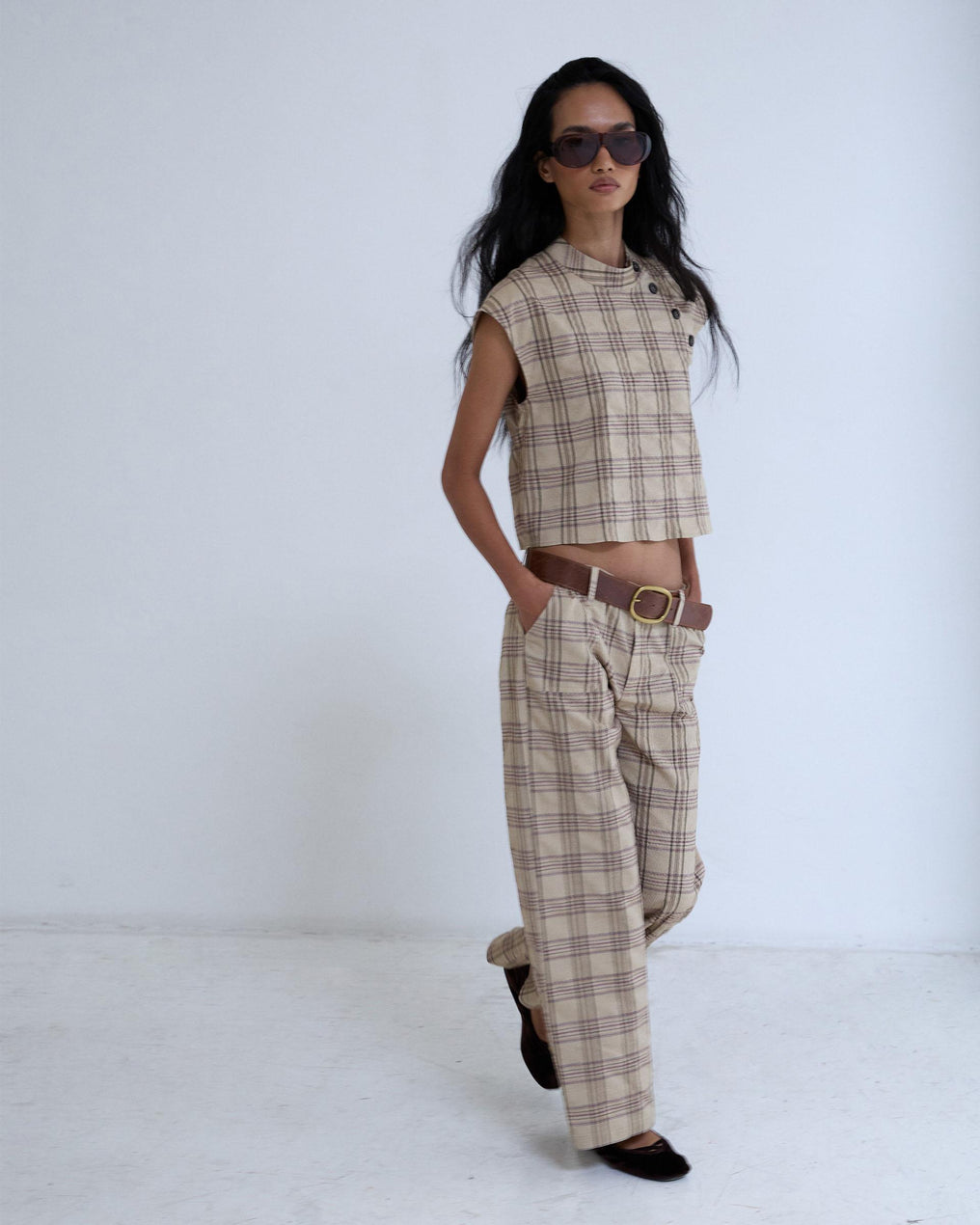 Pantalón Sin Cinturilla Cuadros Beige