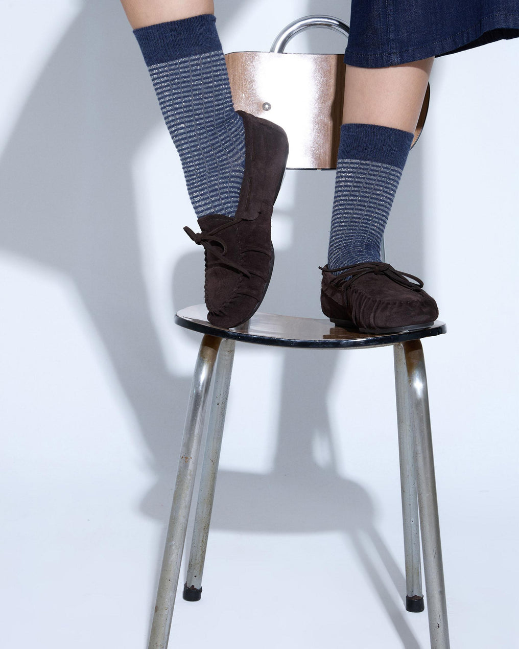 Dark Blue Lurex Striped Mid-Calf Socks