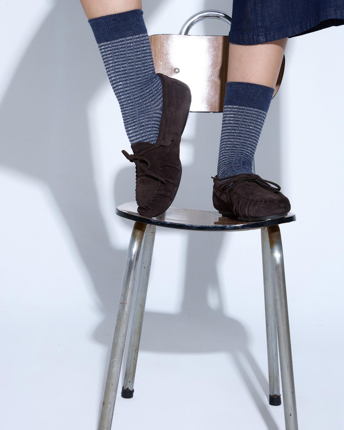Dark Blue Lurex Striped Mid-Calf Socks