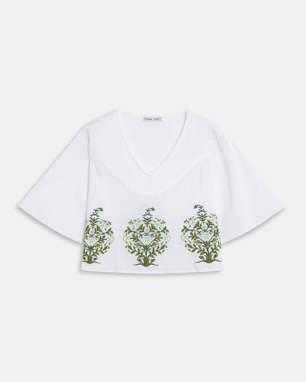 White Blouse with Floral Embroidery and V-Neck Yoke