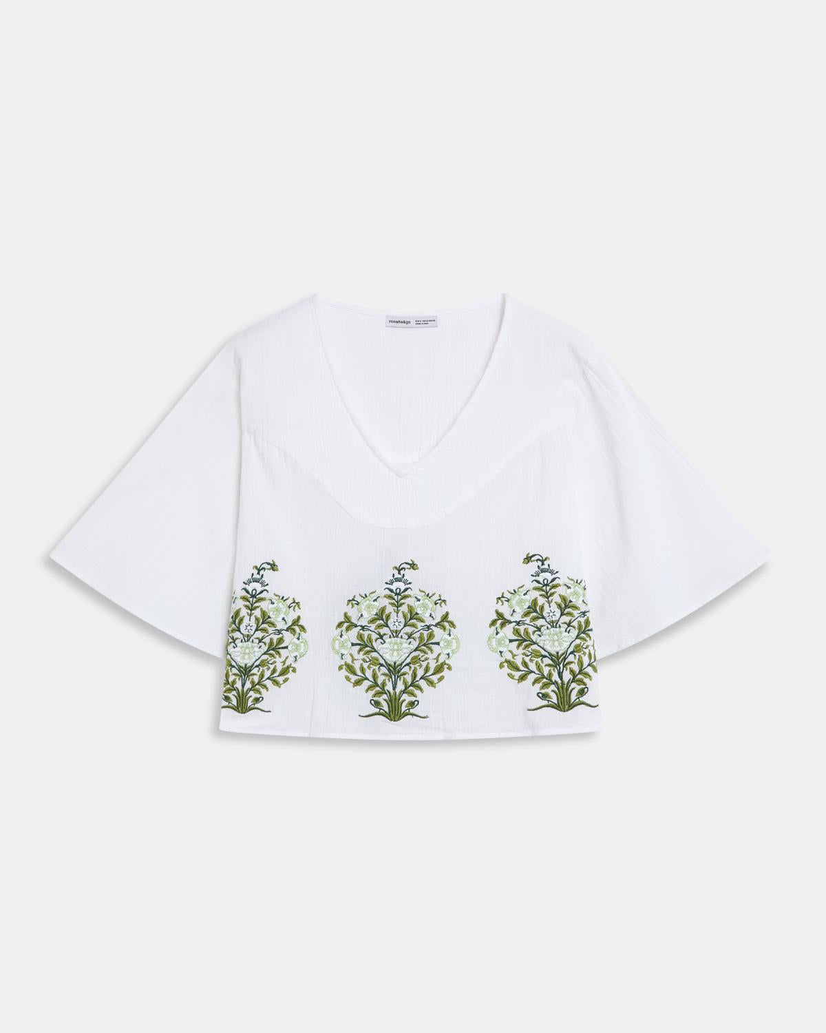 White Blouse with Floral Embroidery and V-Neck Yoke