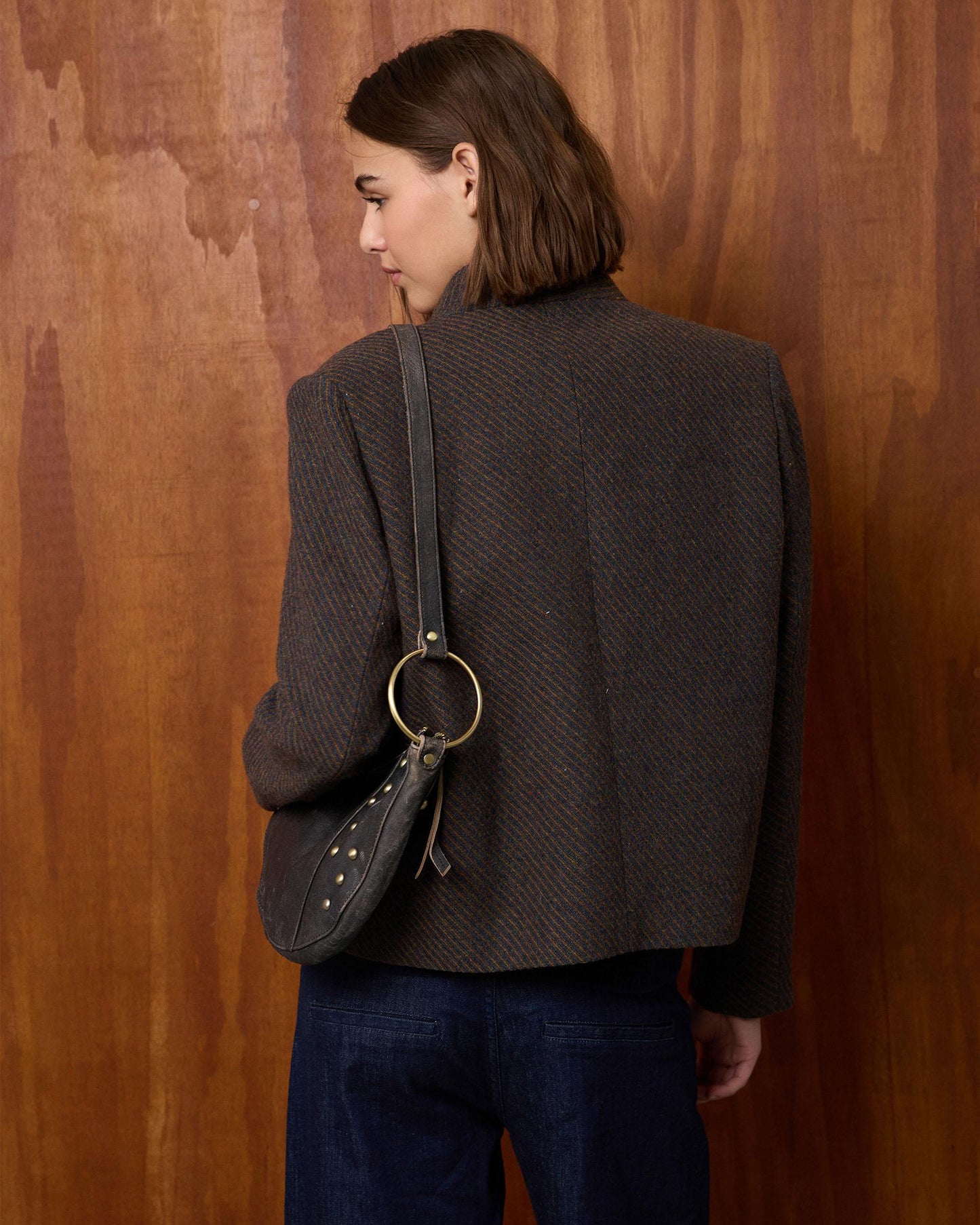 Chaqueta Cuello Subido Rayas Mezcla Lana Marrón