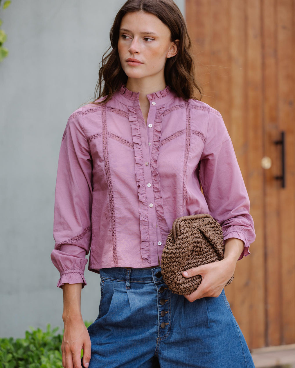 Blouse Dentelle Volant Avant Rose