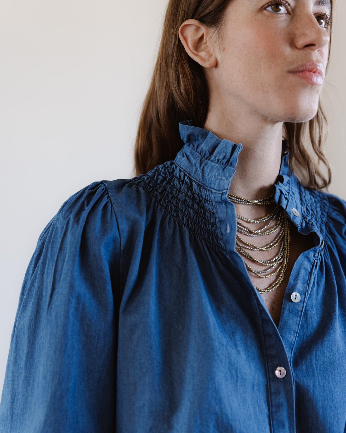Blouse Col Montant Type Denim Bleu Jean