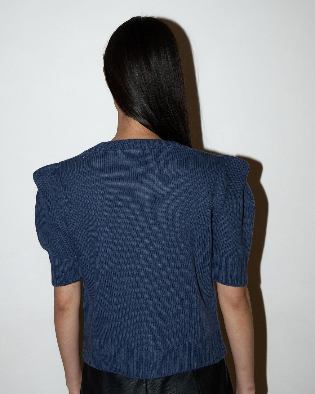 Dark Blue Knit Top with Shoulder Pads