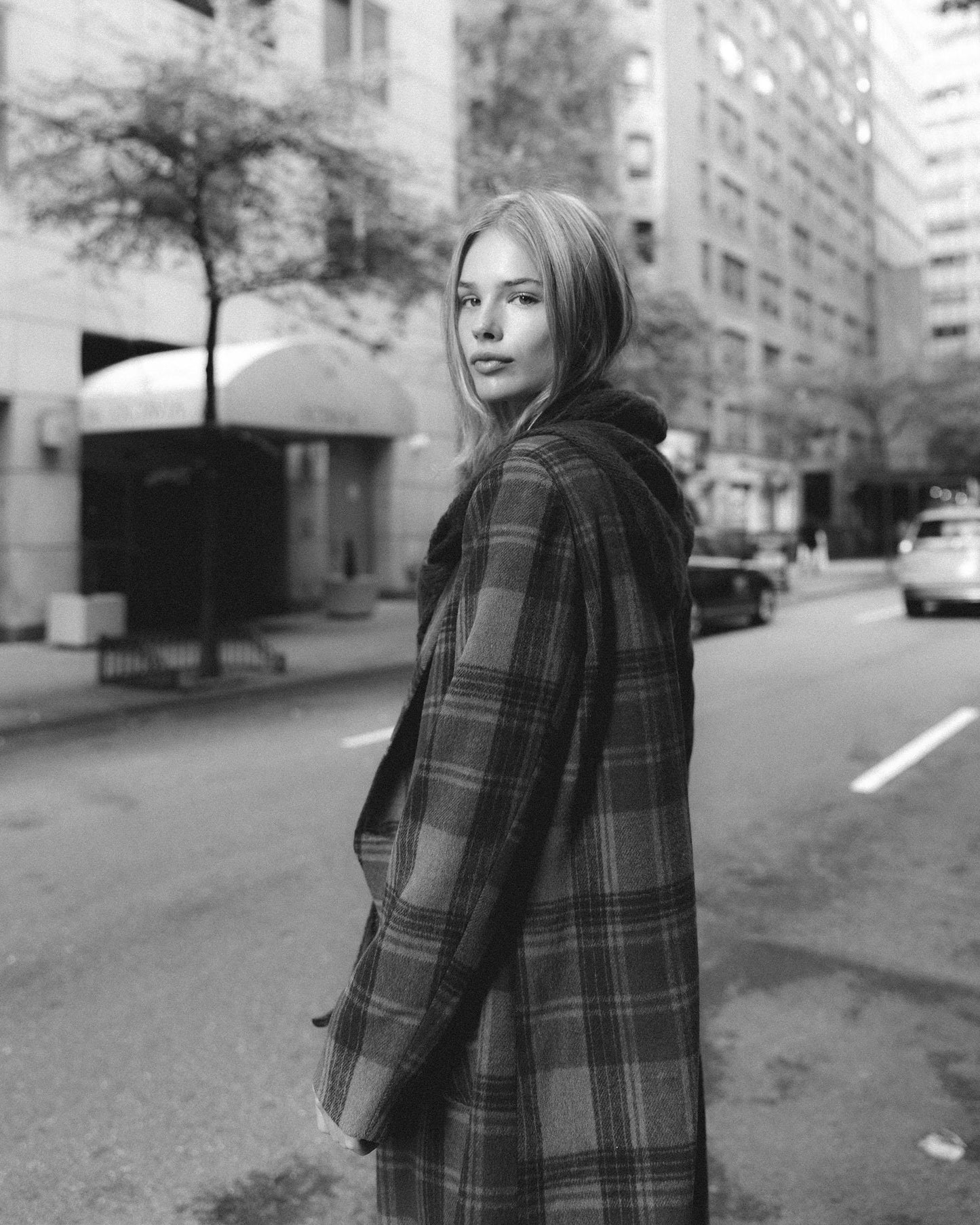 Long Coat with Lapel, Checkered Beige