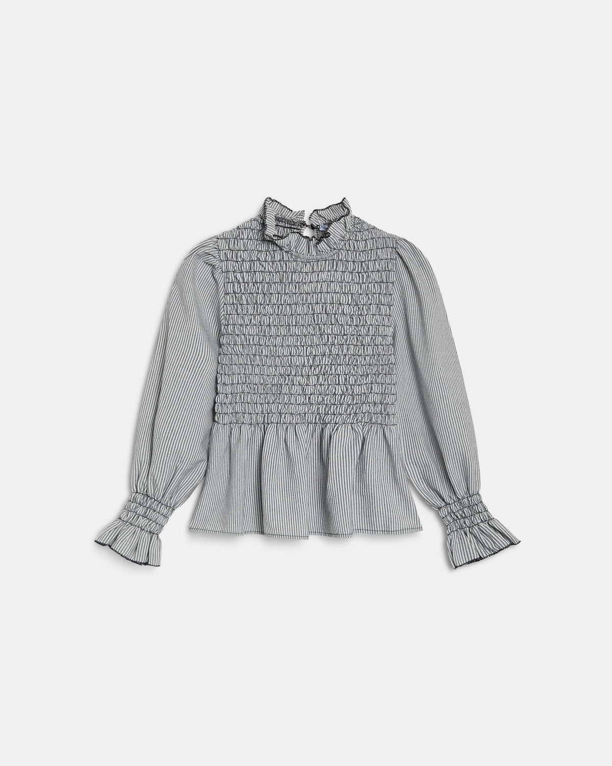 Blusa Manga Comprida Plissada Riscas Preto