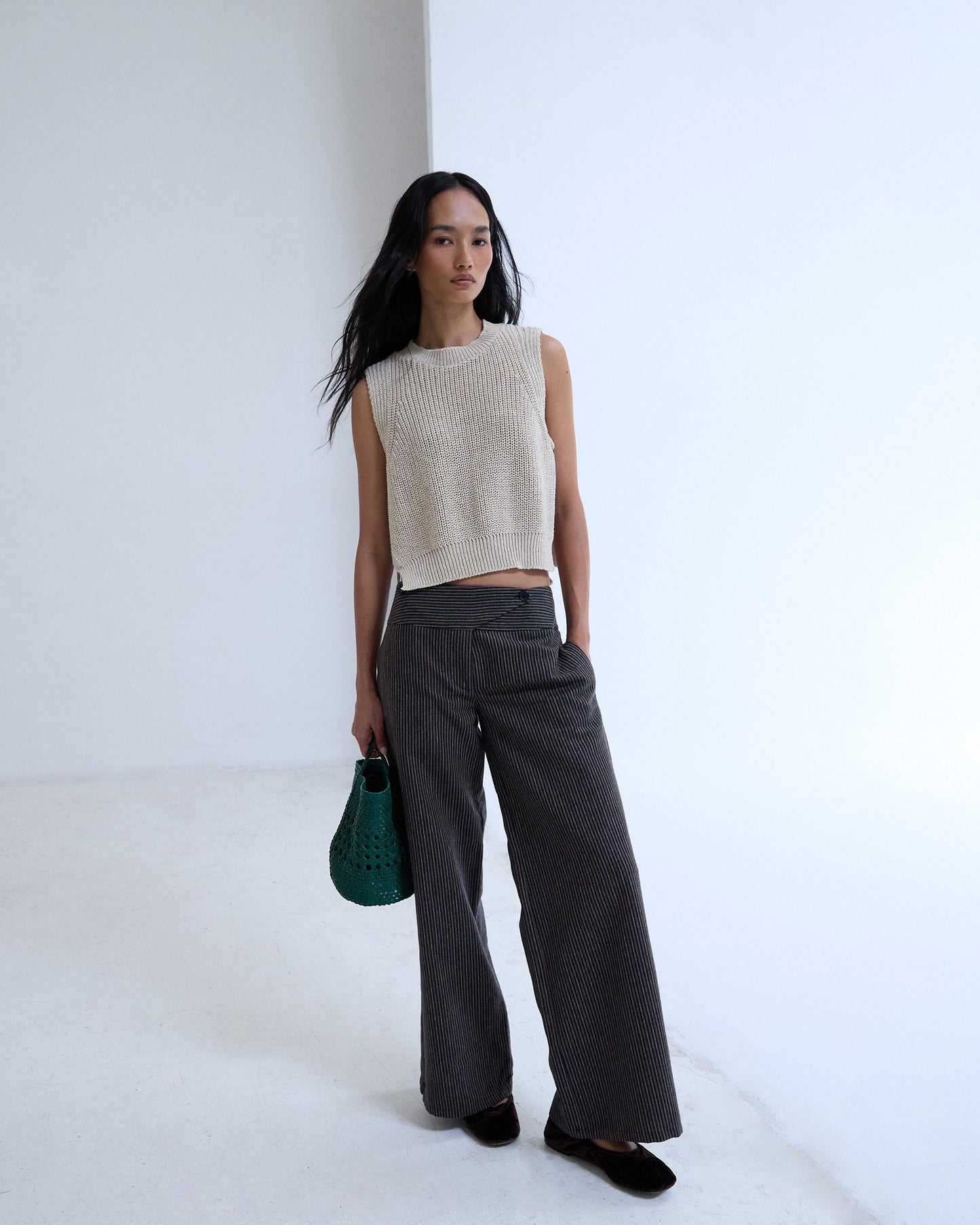 Pantalón Rayas Cinturilla Cruzada Marrón