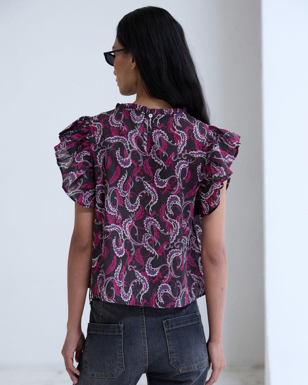 Blusa Manga Curta Volantes Rendas Padrão Antracite