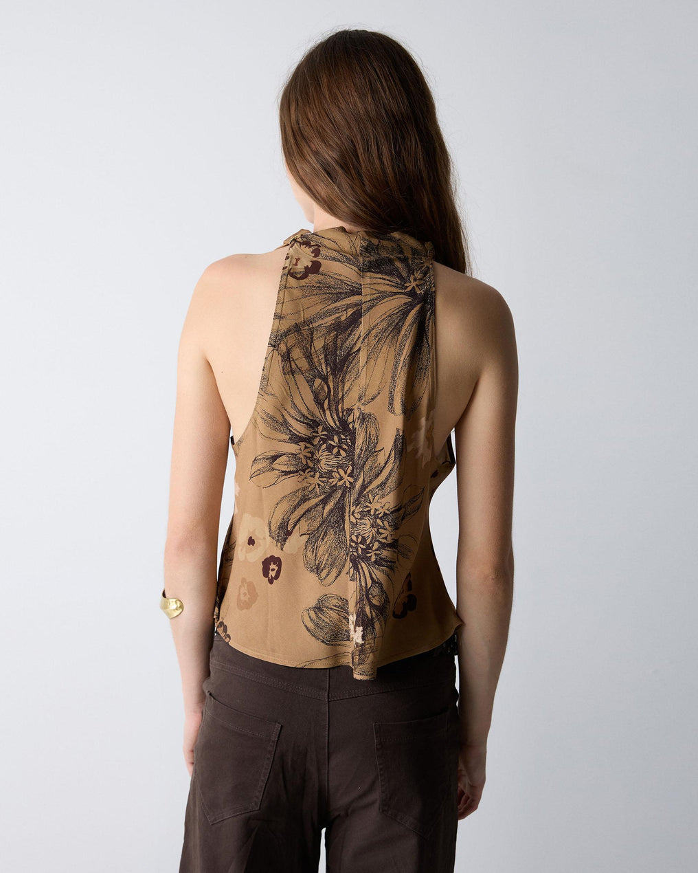 Brown Printed Draped Neckline Top