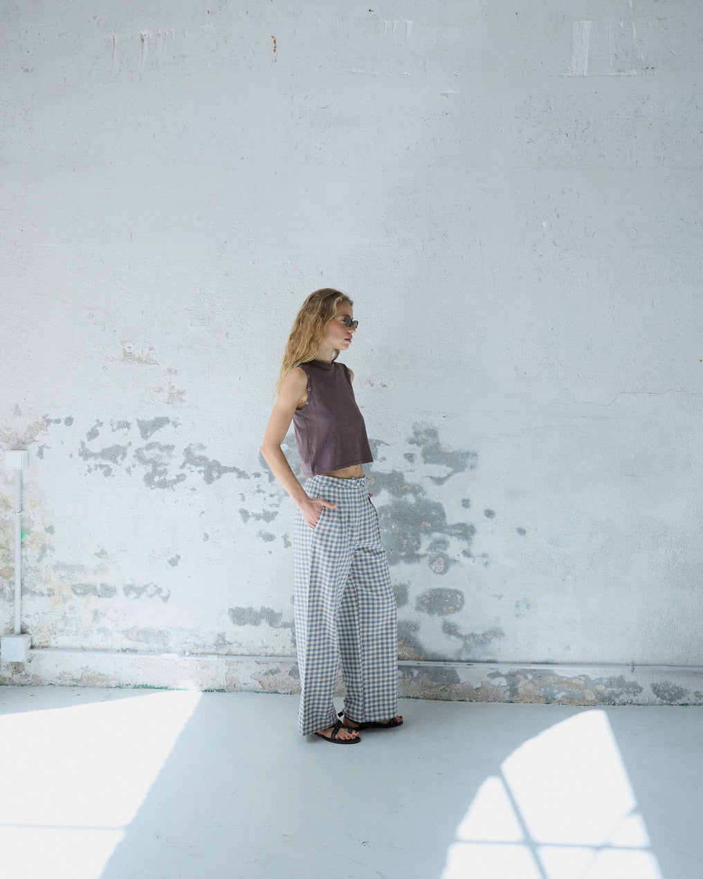 Pantalón Wide Leg Pinzas Cuadros Vichy Azul