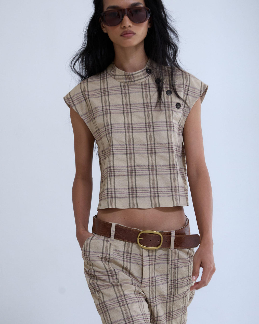 Top Botones Laterales Cuadros Beige