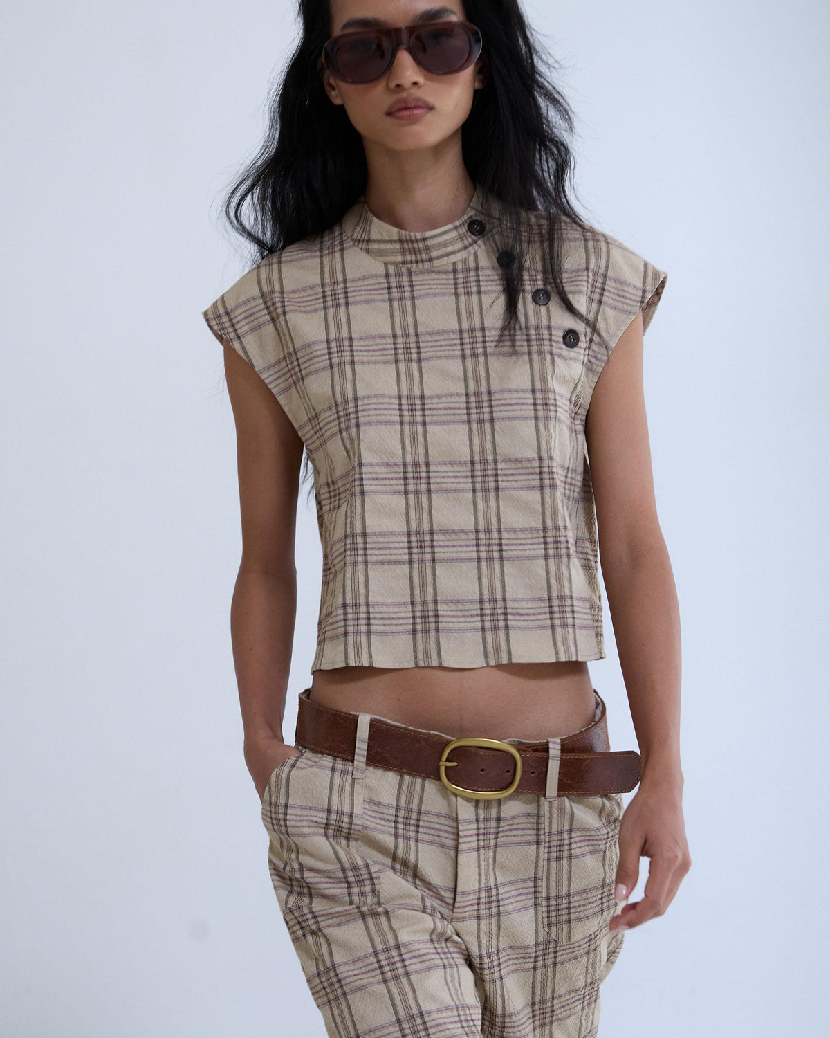 Top Botones Laterales Cuadros Beige