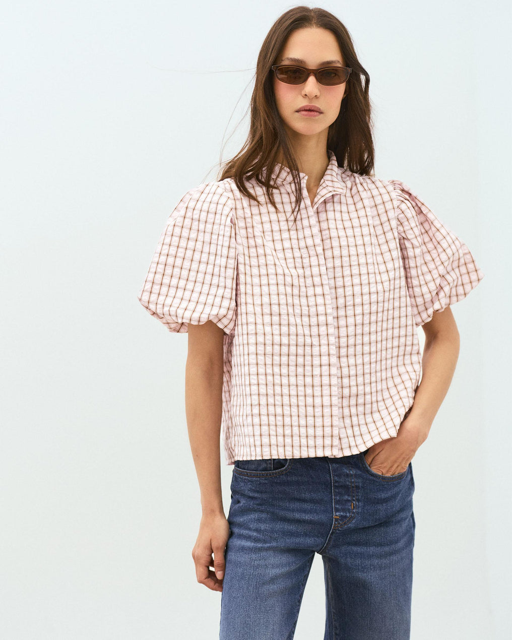Puff Sleeve Gingham Blouse Pink