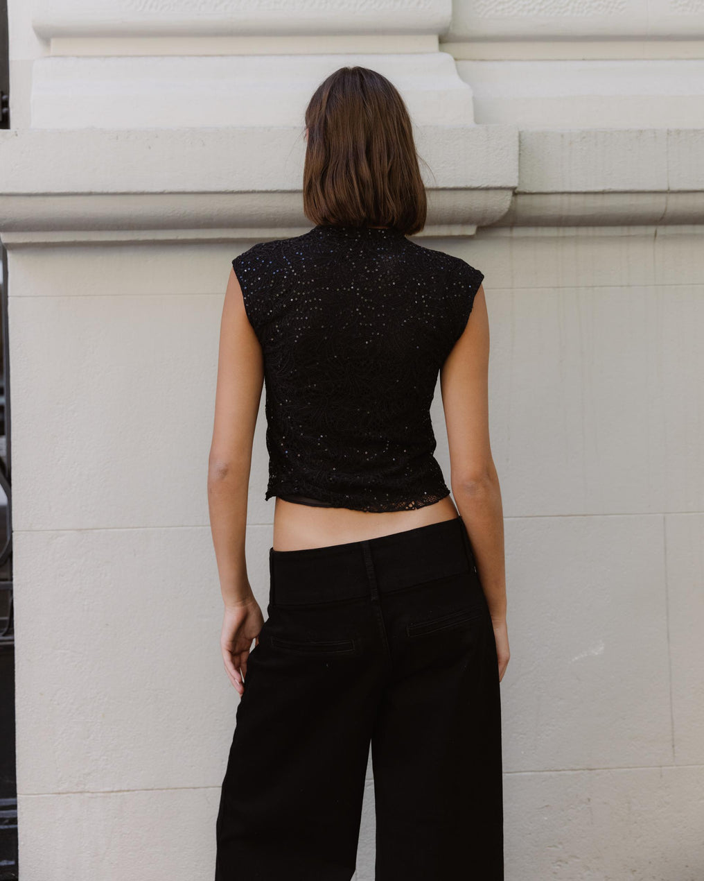 Top Encaje Lentejuelas Cuello Mao Negro