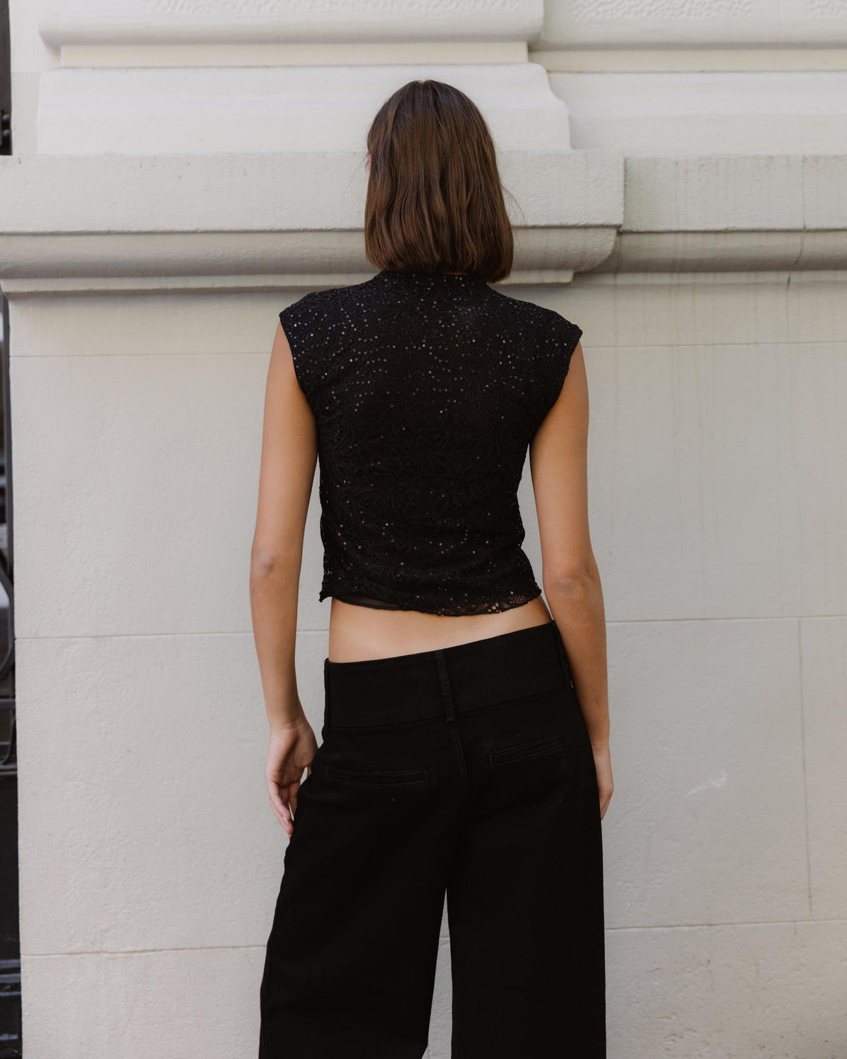 Top Encaje Lentejuelas Cuello Mao Negro