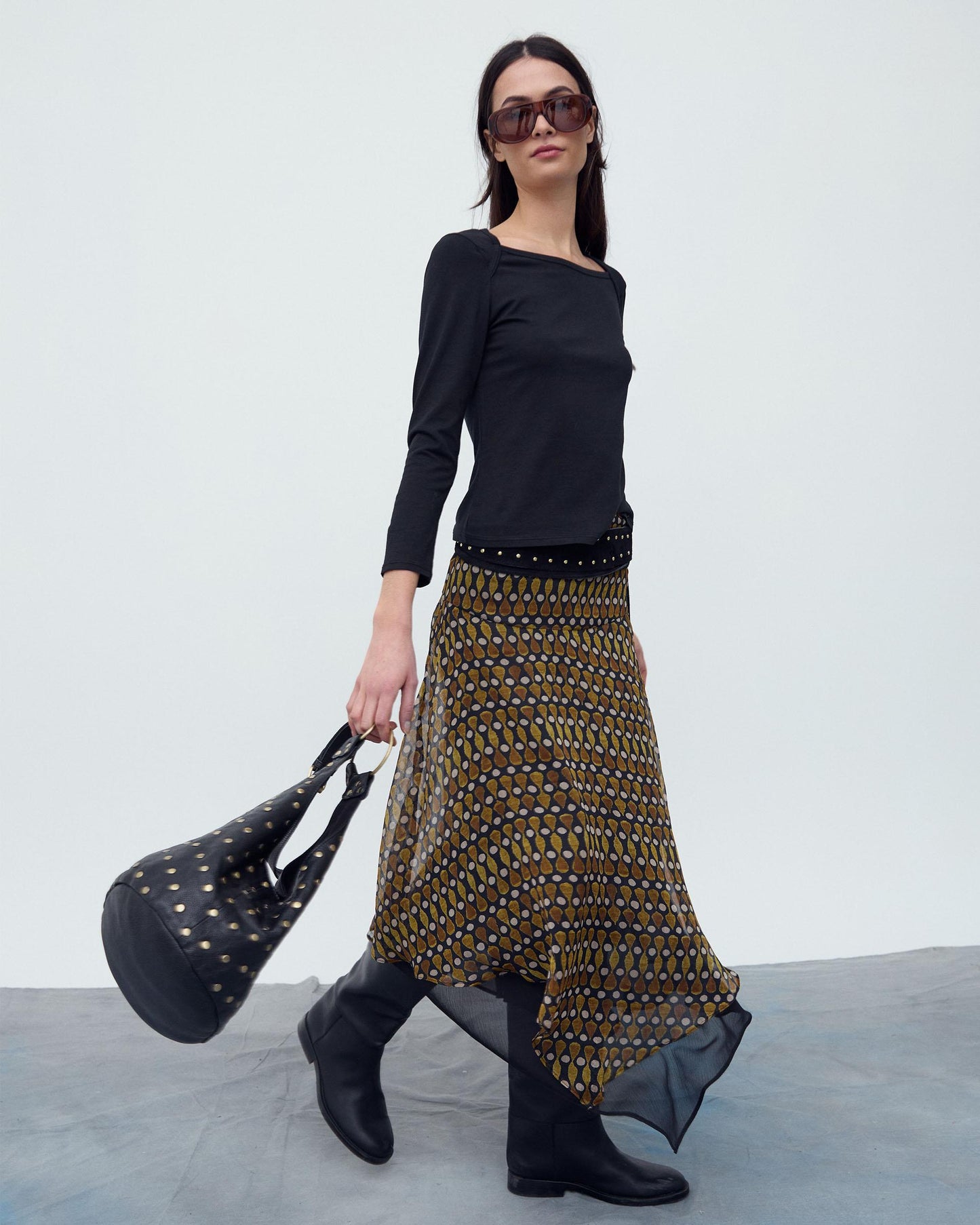 Black Contrast Ruffled Hem Skirt