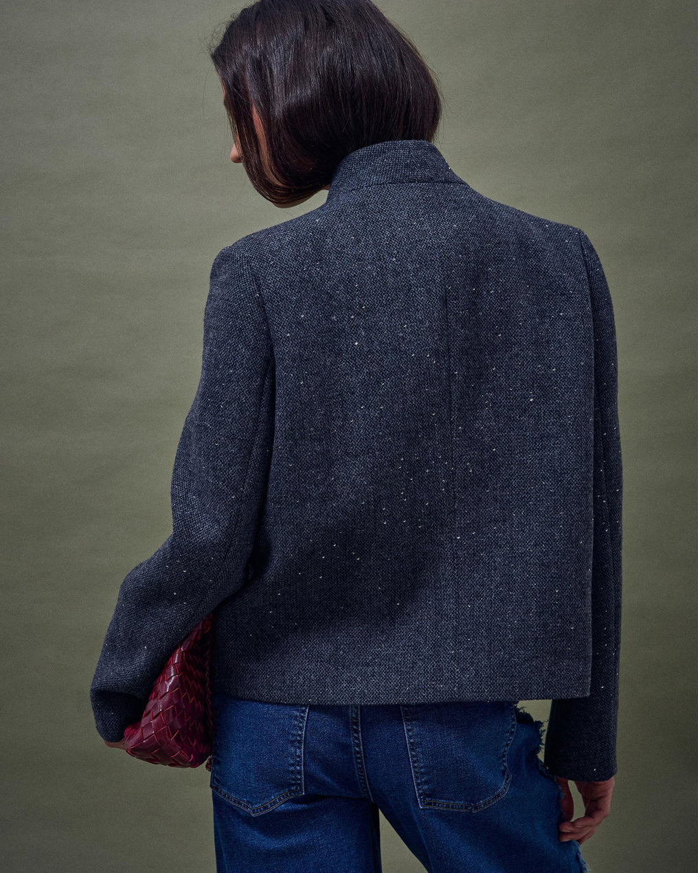 Chaqueta Cuello Subido Lentejuelas Con Lana Gris