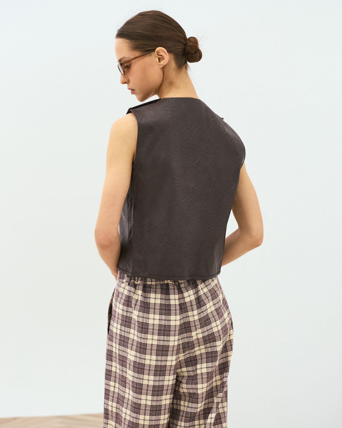 Brown Faux Leather Wrap Top