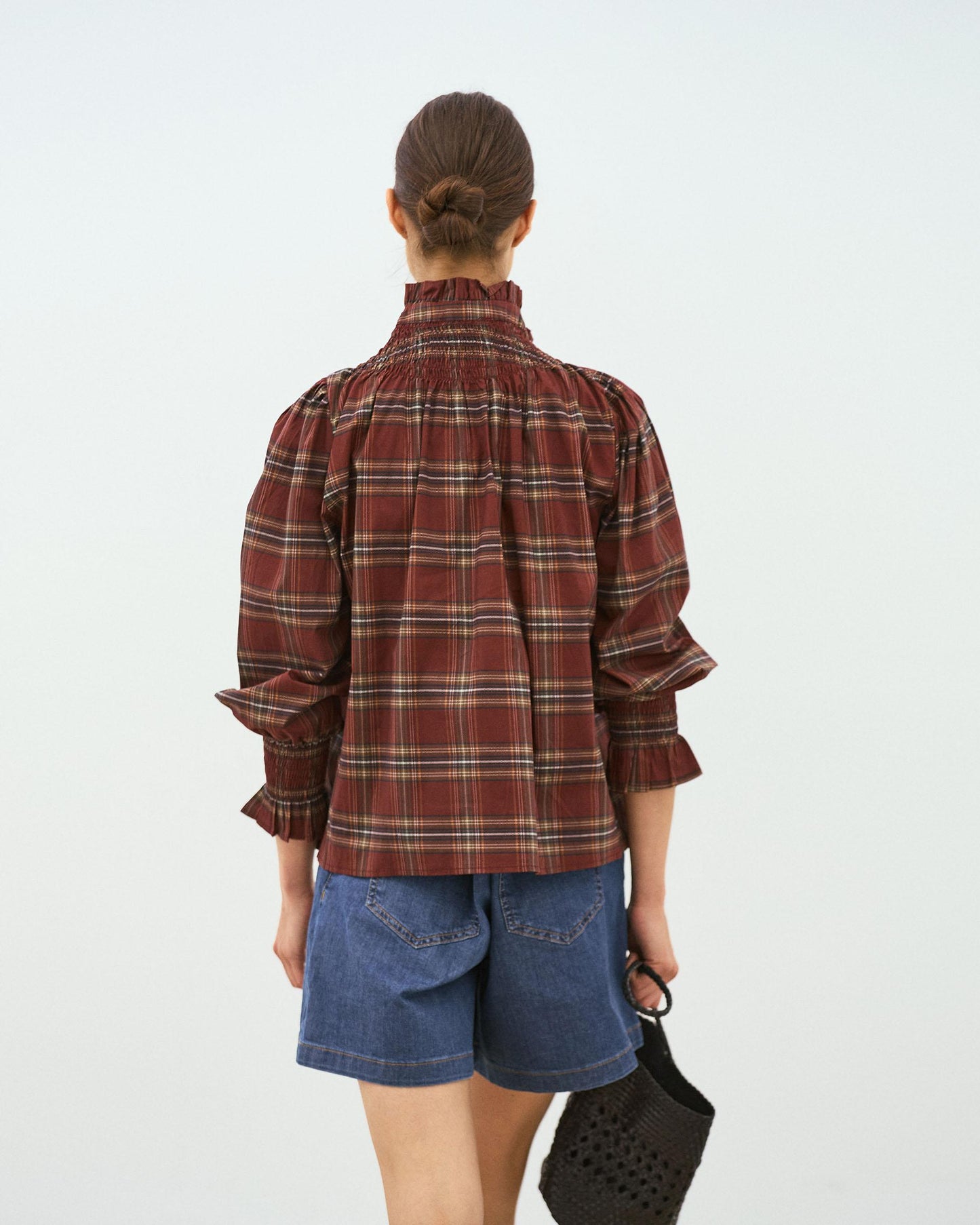 Honeycomb Blouse with Burgundy Checkered Collar
