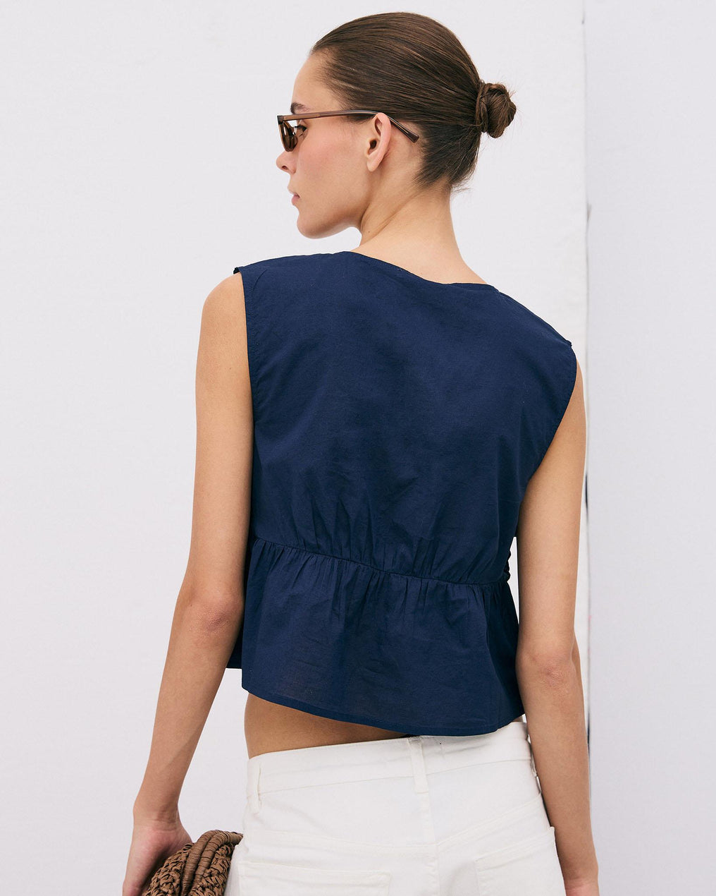 Top Embroidered Flowers Navy Blue