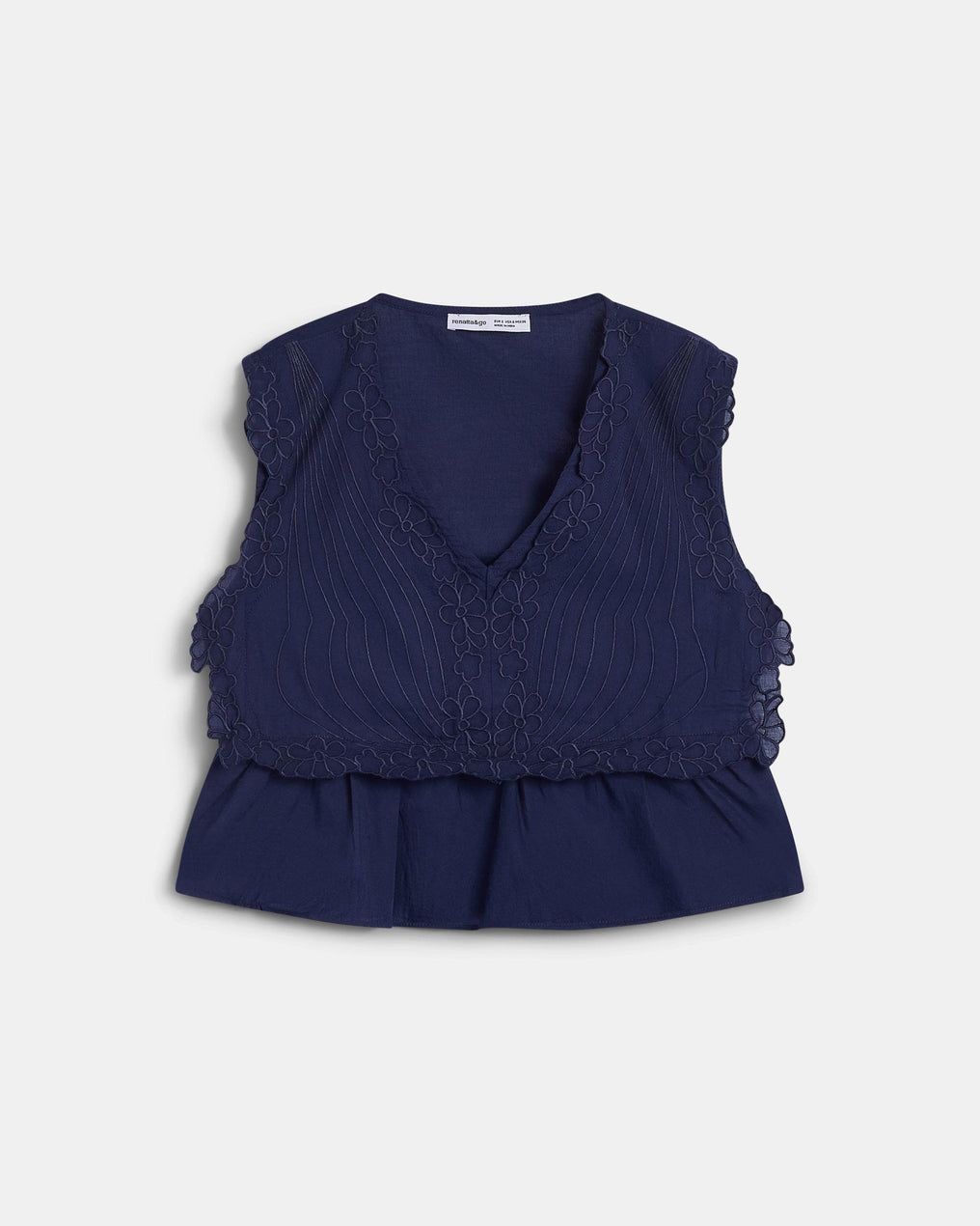 Top Embroidered Flowers Navy Blue