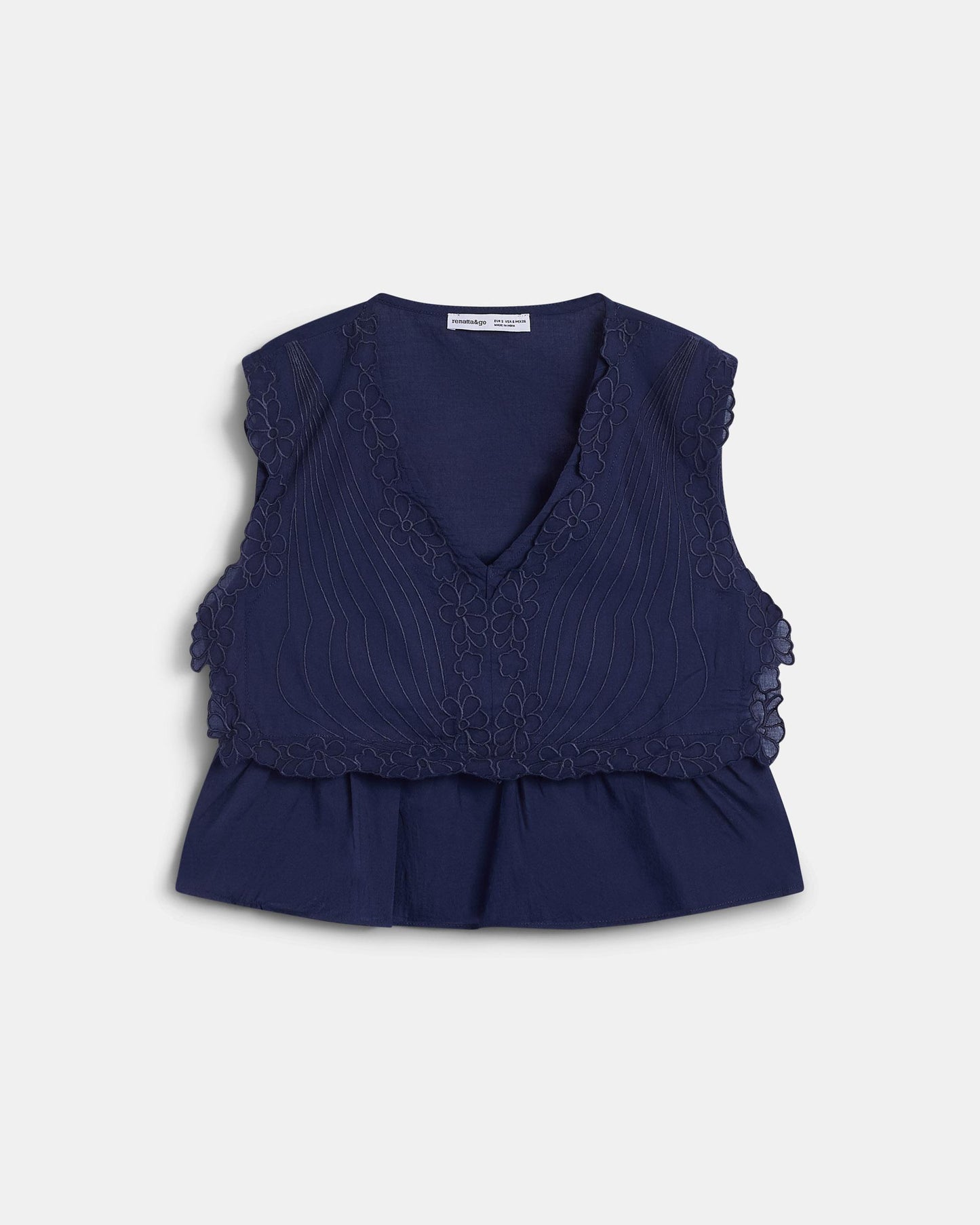Top Embroidered Flowers Navy Blue