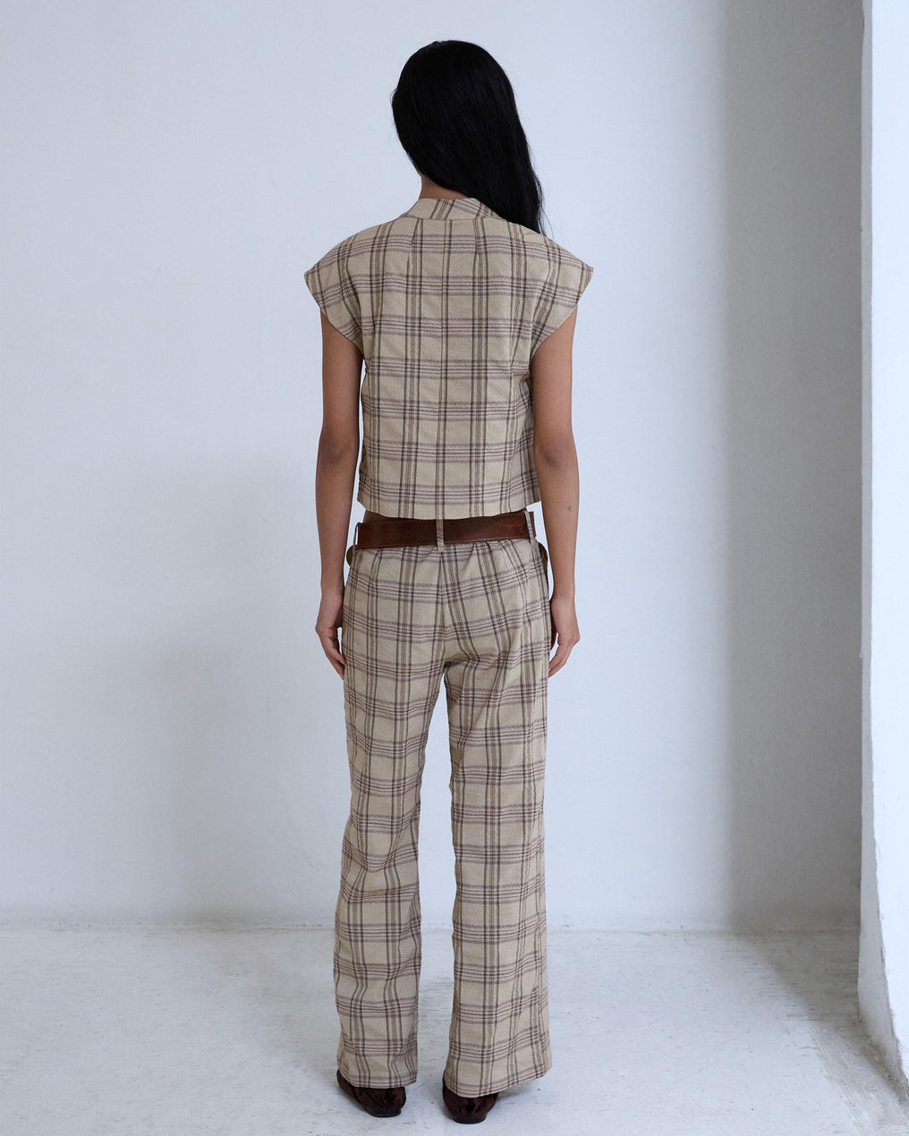 Pantalón Sin Cinturilla Cuadros Beige