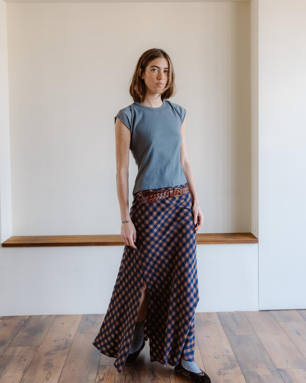 Falda Larga Cuadros Azul Marino