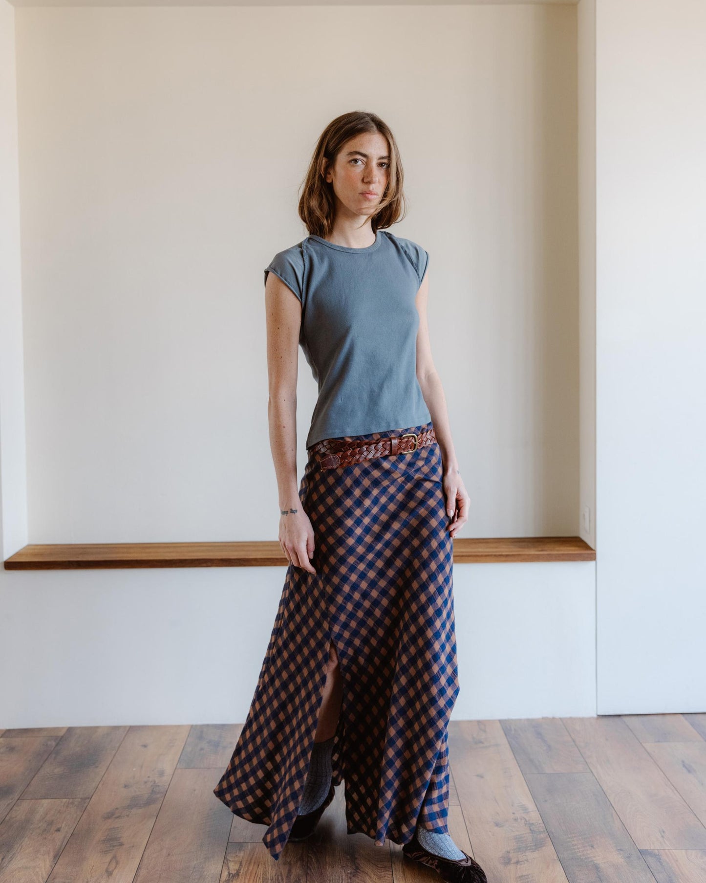 Falda Larga Cuadros Azul Marino