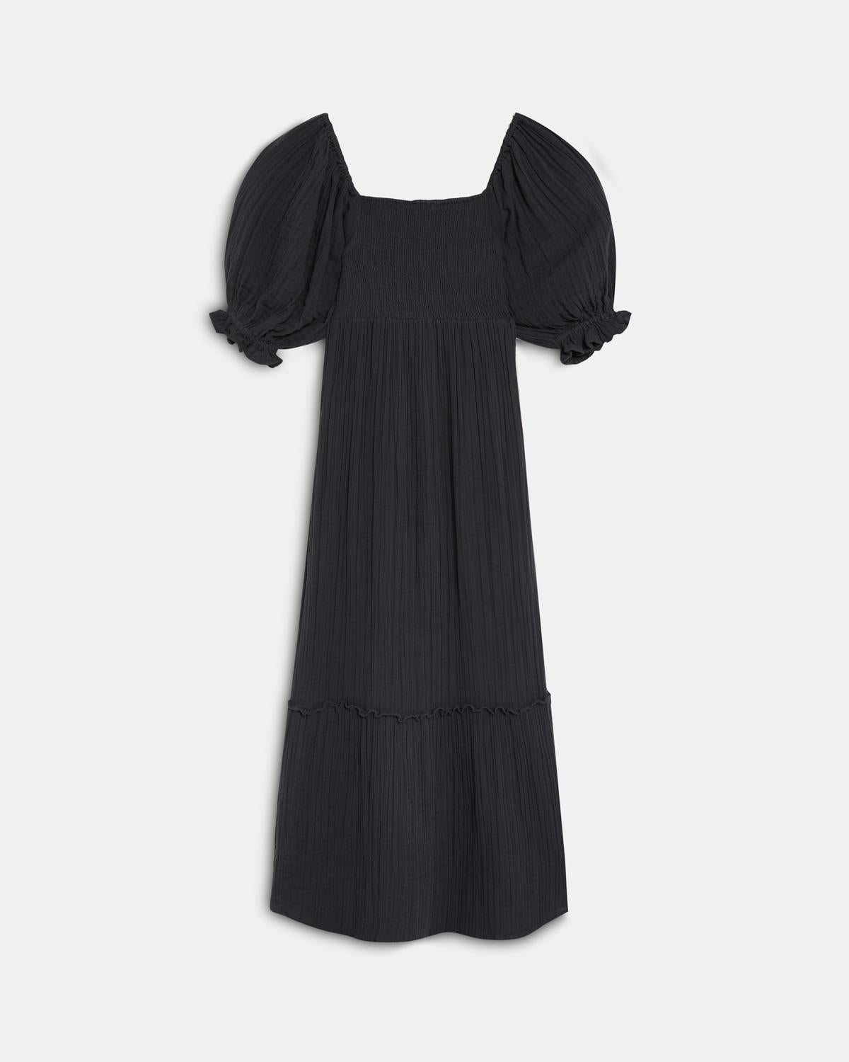 Vestido Nido De Abeja Manga Abullonada Antracita