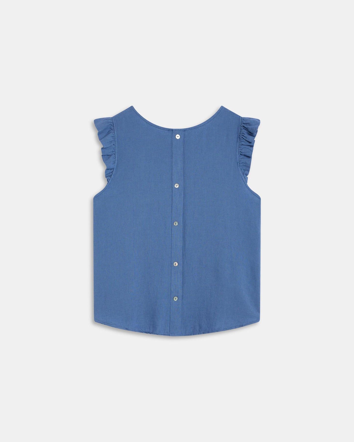 Blue Linen Back Button Top