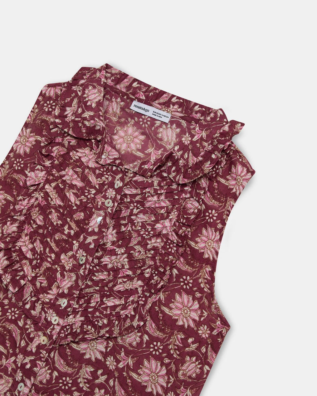 Blouse sans Manches Plastron Imprimé Floral Grenat