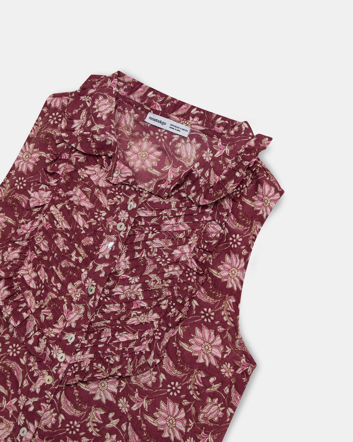 Blouse sans Manches Plastron Imprimé Floral Grenat