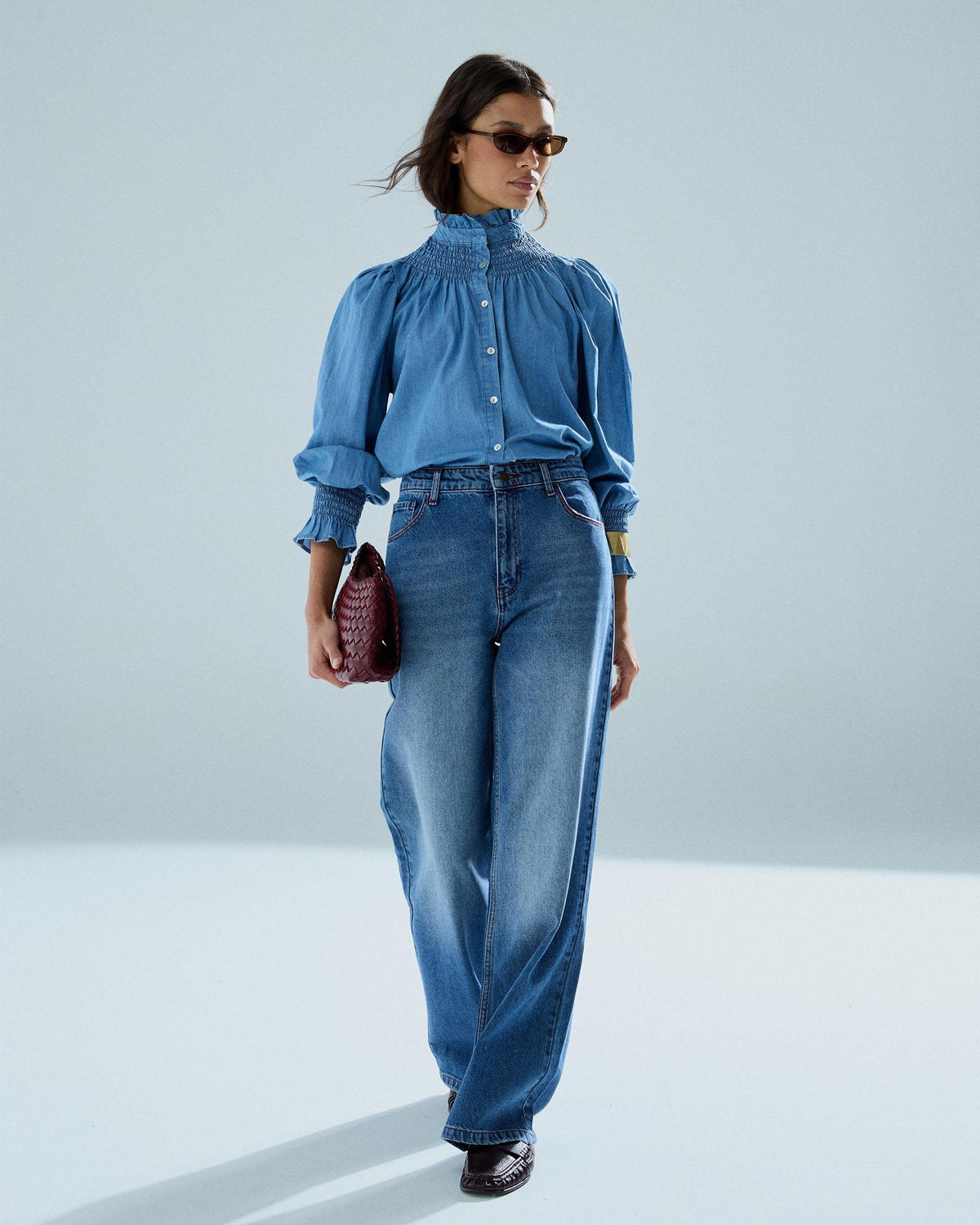 Jeans Anchos Contraste Costura Azul Jeans