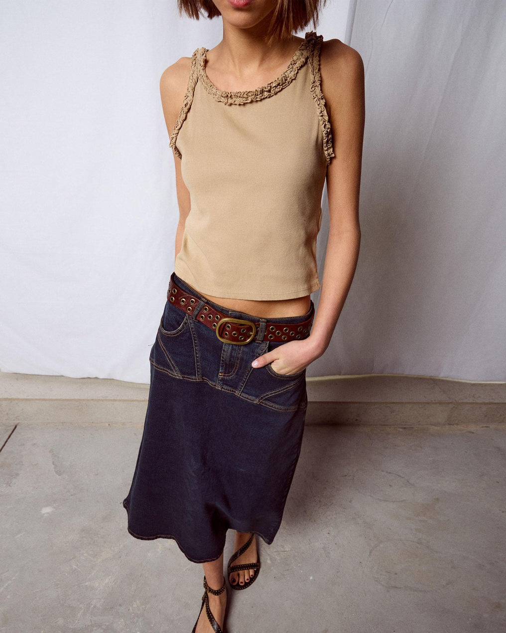 Falda Denim Costuras Azul Oscuro