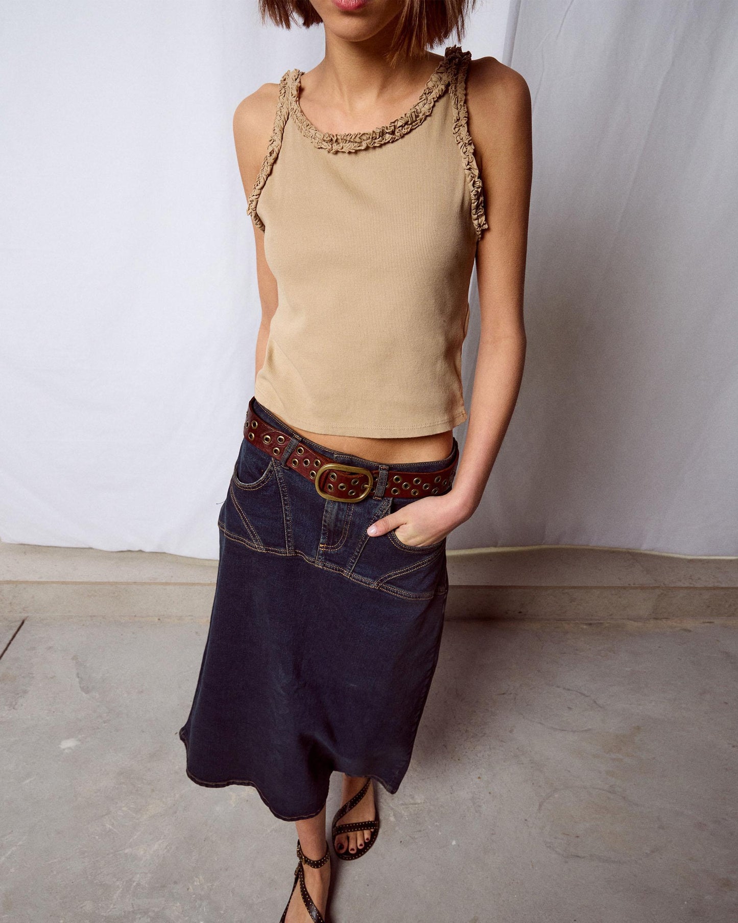 Falda Denim Costuras Azul Oscuro