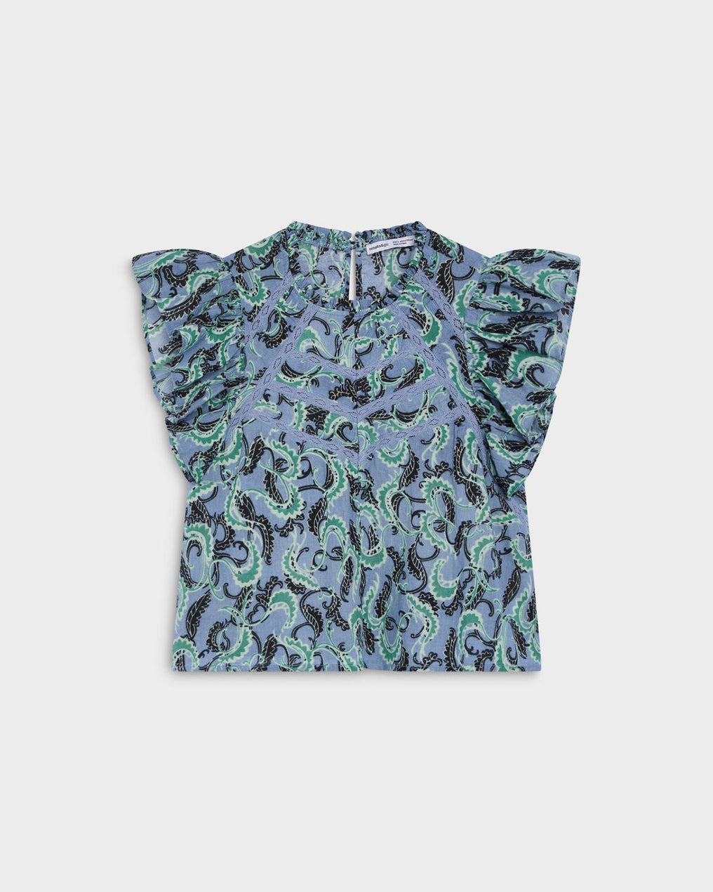 Blusa Manga Curta Volantes Rendas Padrão Azul