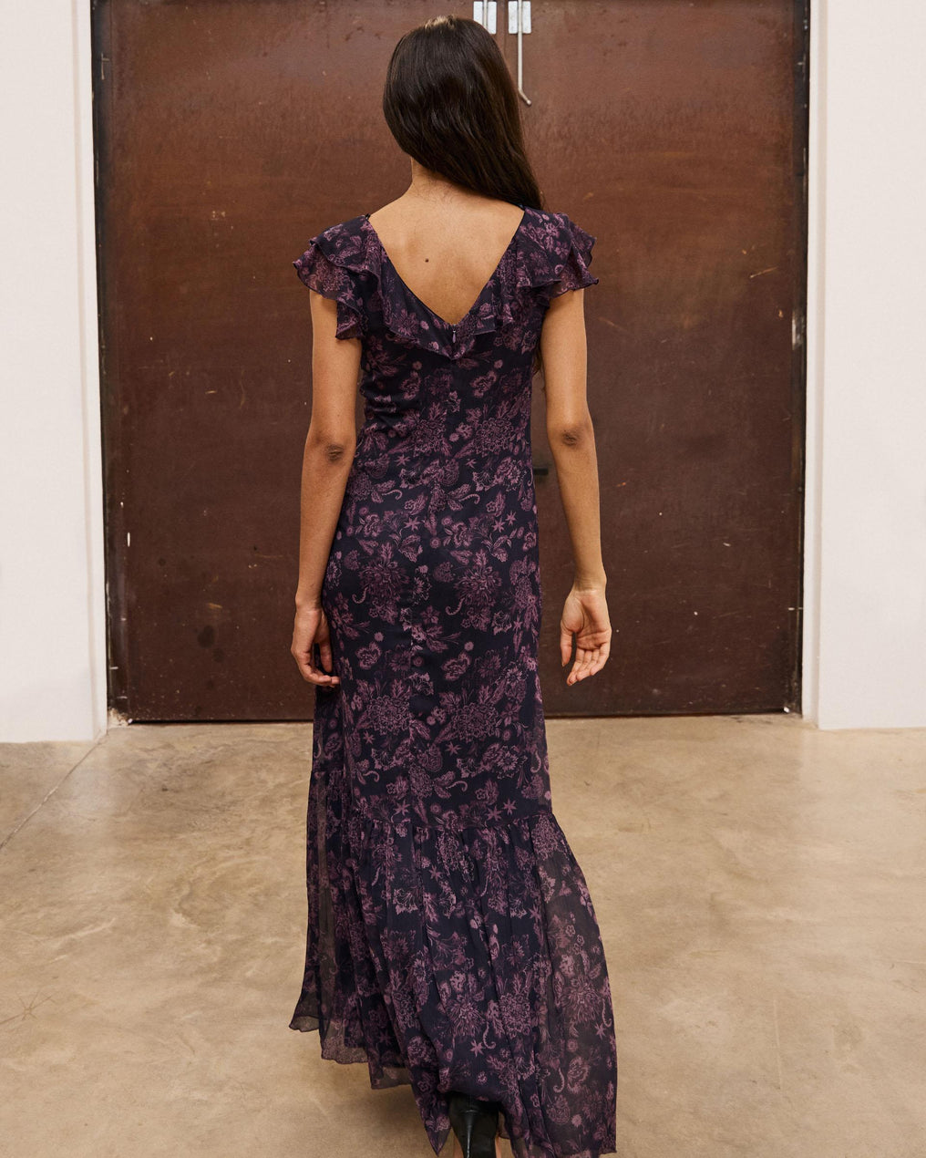Vestido Estampado Floral Volantes Morado