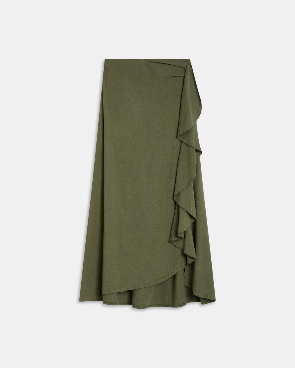 Falda Larga Volante Lateral Con Lino Verde Oscuro