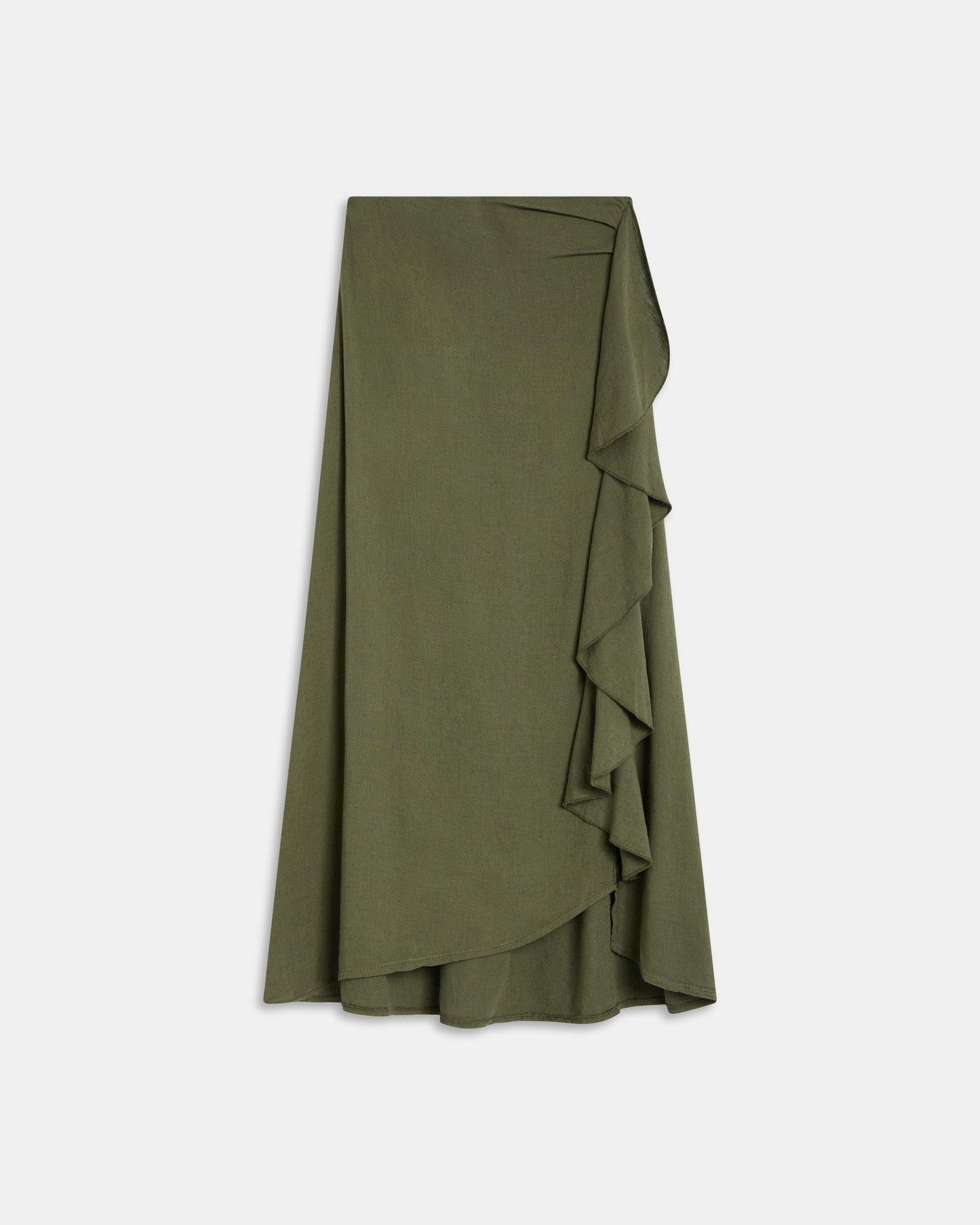 Falda Larga Volante Lateral Con Lino Verde Oscuro