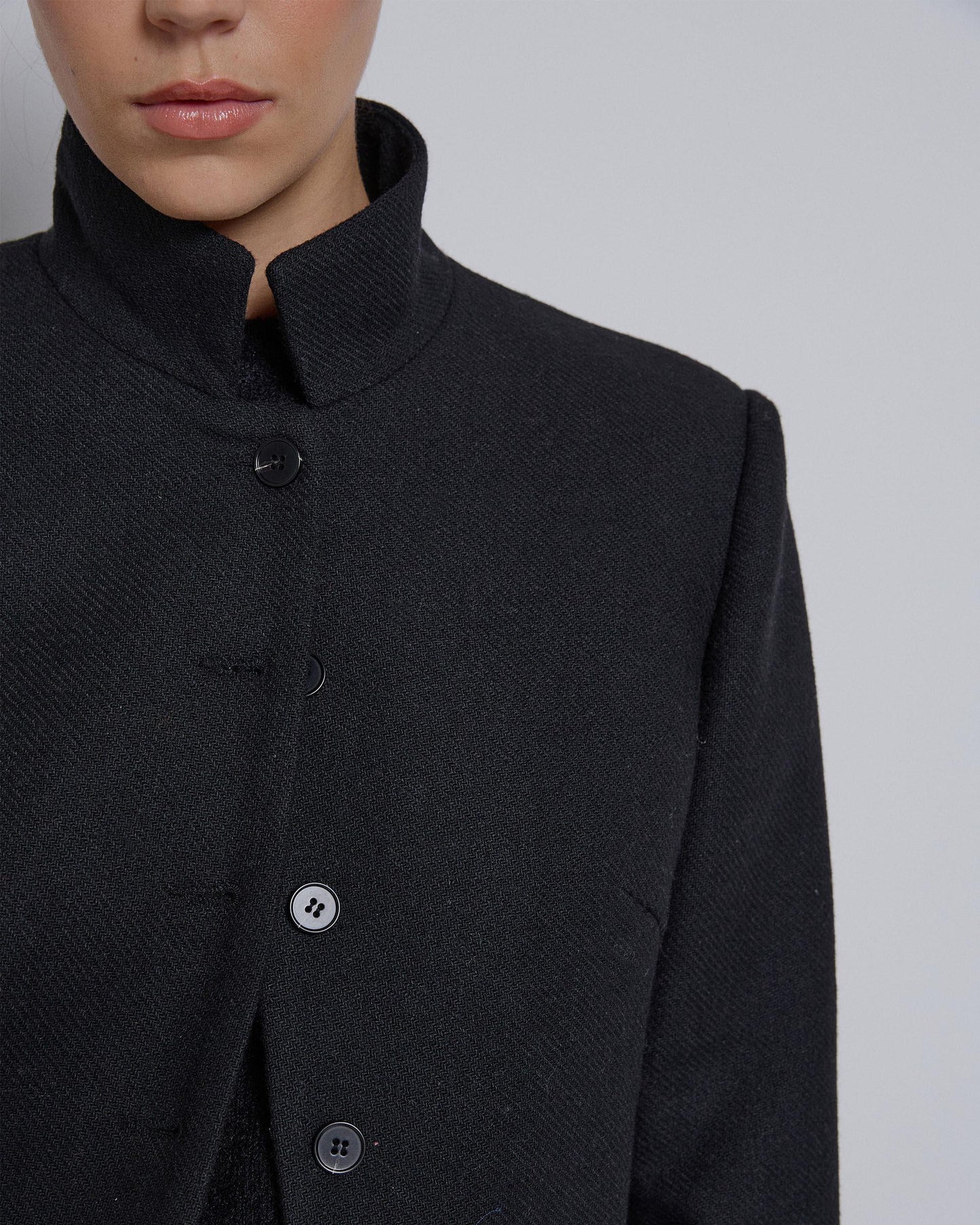 Casaco preto com gola Mao e mistura de lã