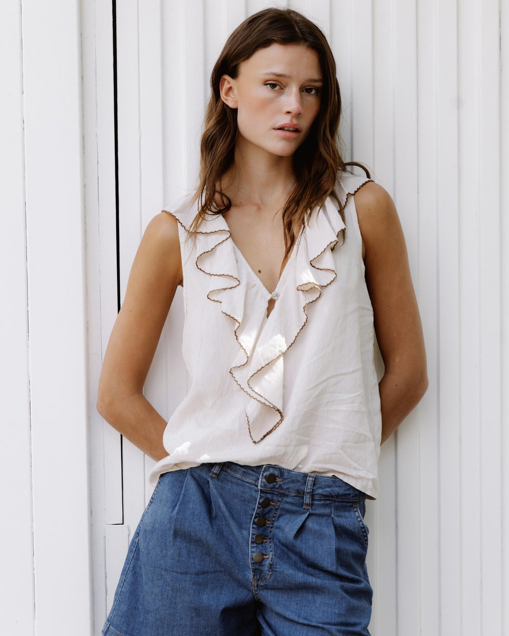 Ecru Contrast Ruffle Blouse