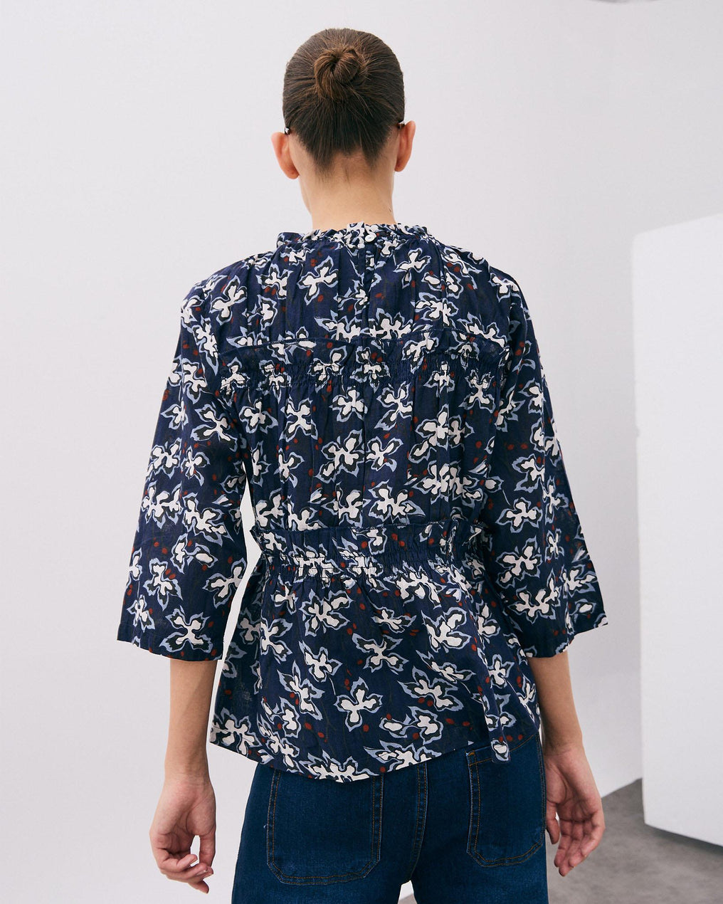 Navy Blue Floral Print Long Sleeve Blouse with Gathers
