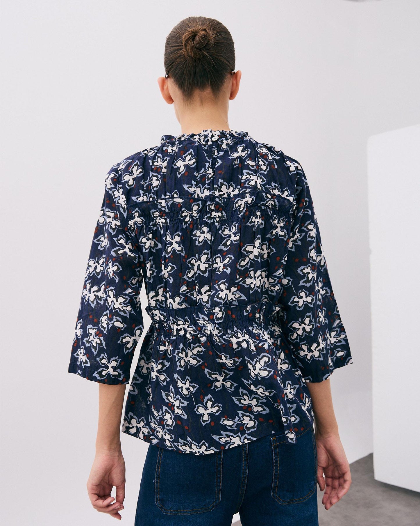Navy Blue Floral Print Long Sleeve Blouse with Gathers