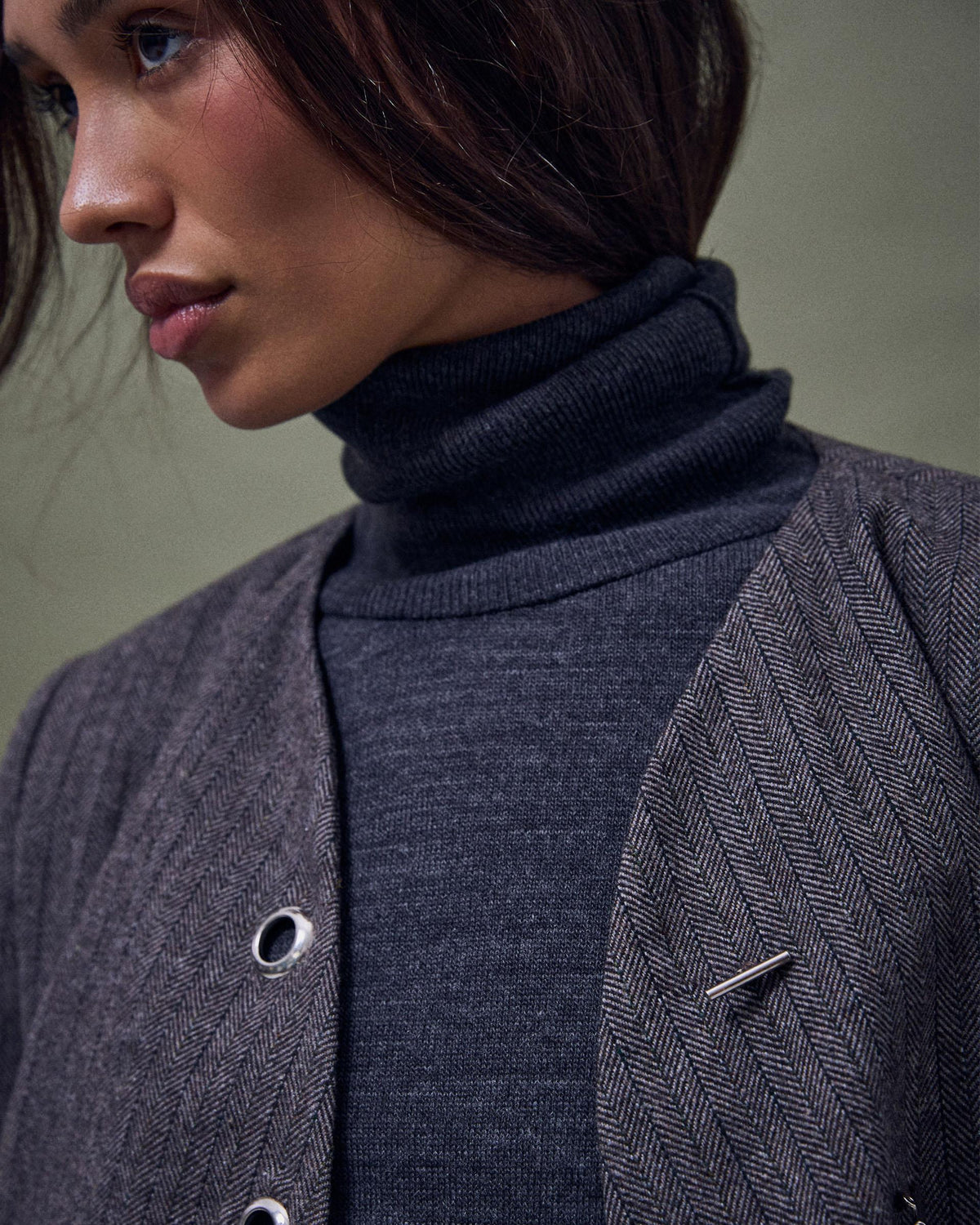 Chaqueta Botones Anillas Mezcla Lana Taupe
