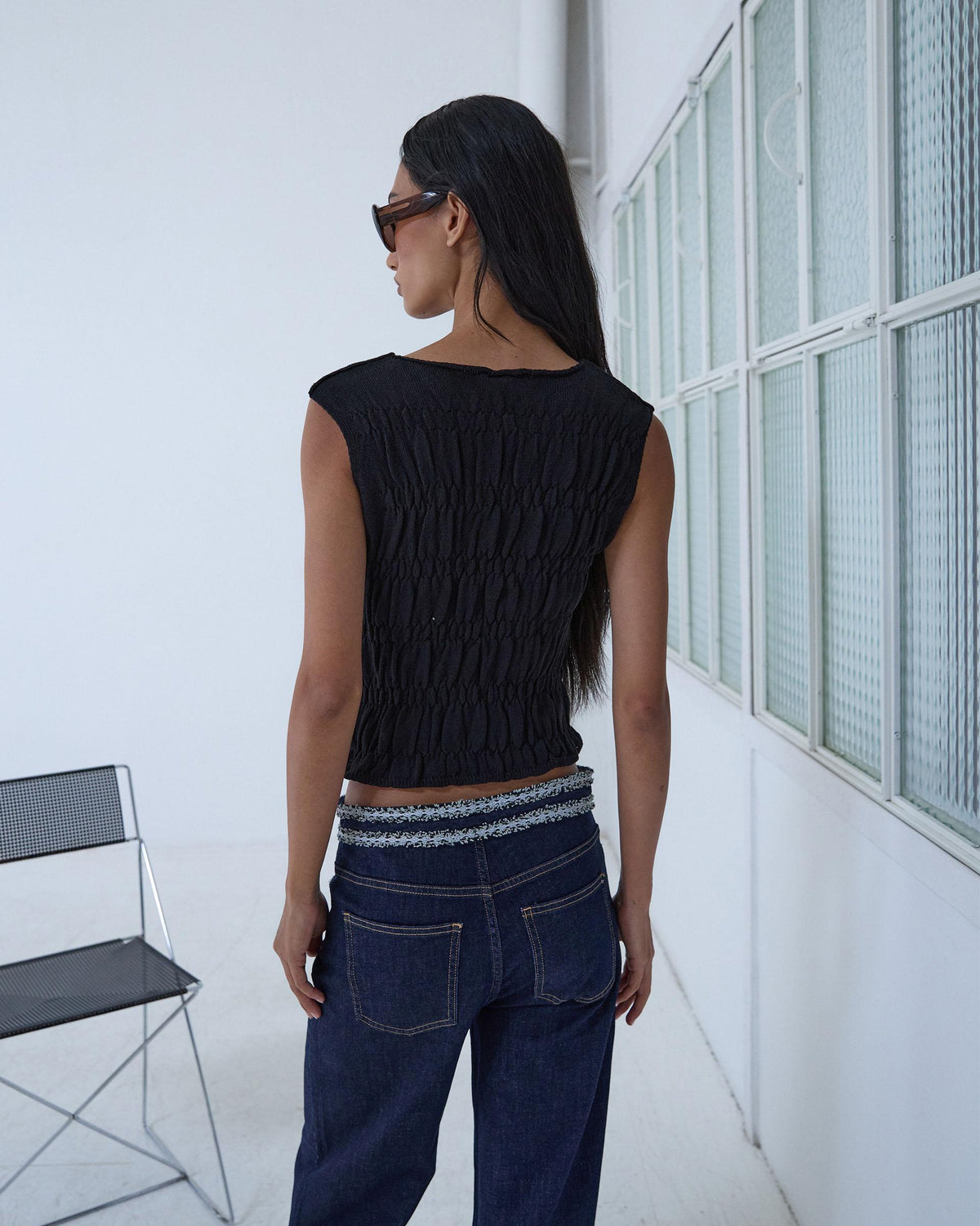 Top en Maille à Élastiques Noir