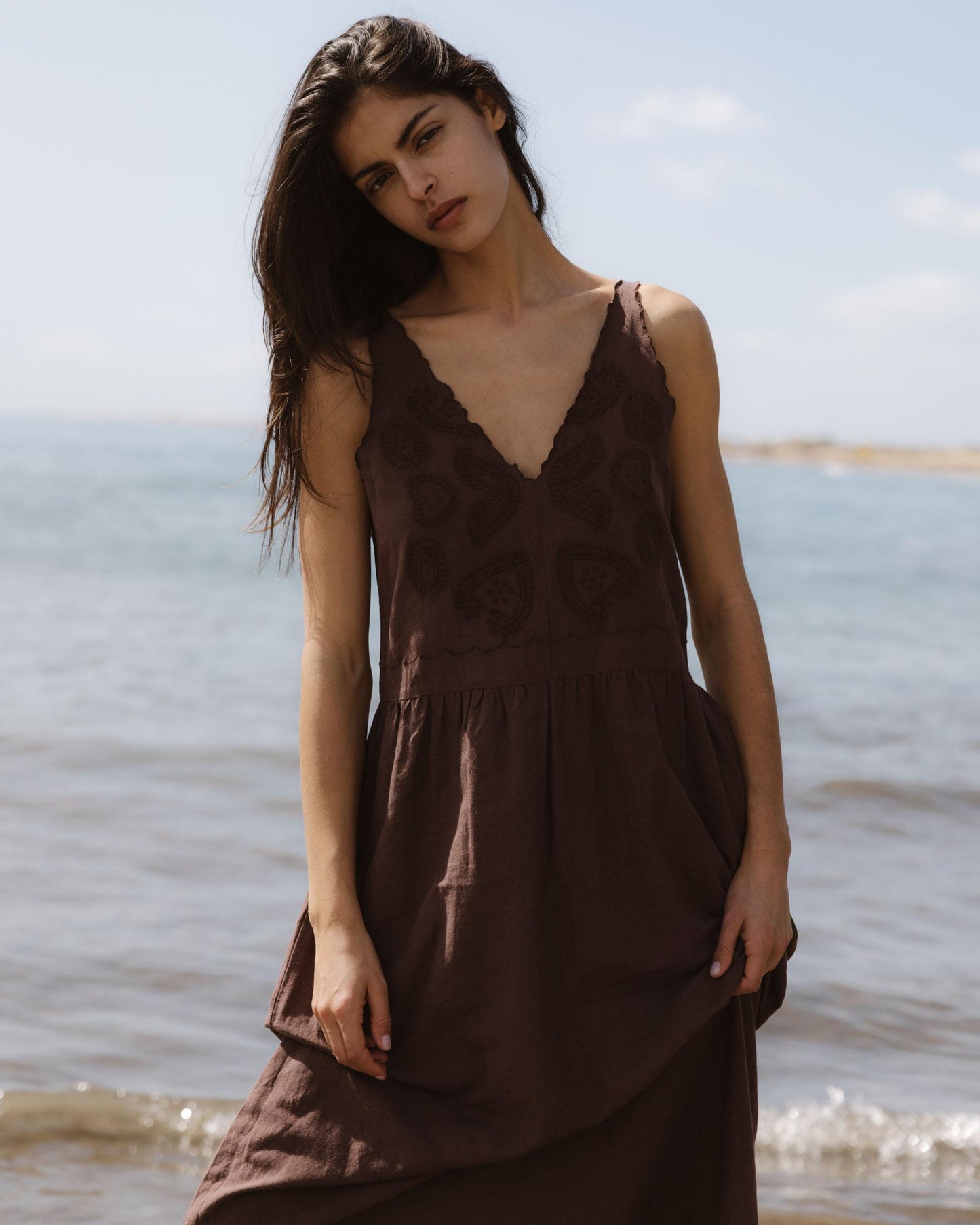 Brown Scalloped Embroidered Dress