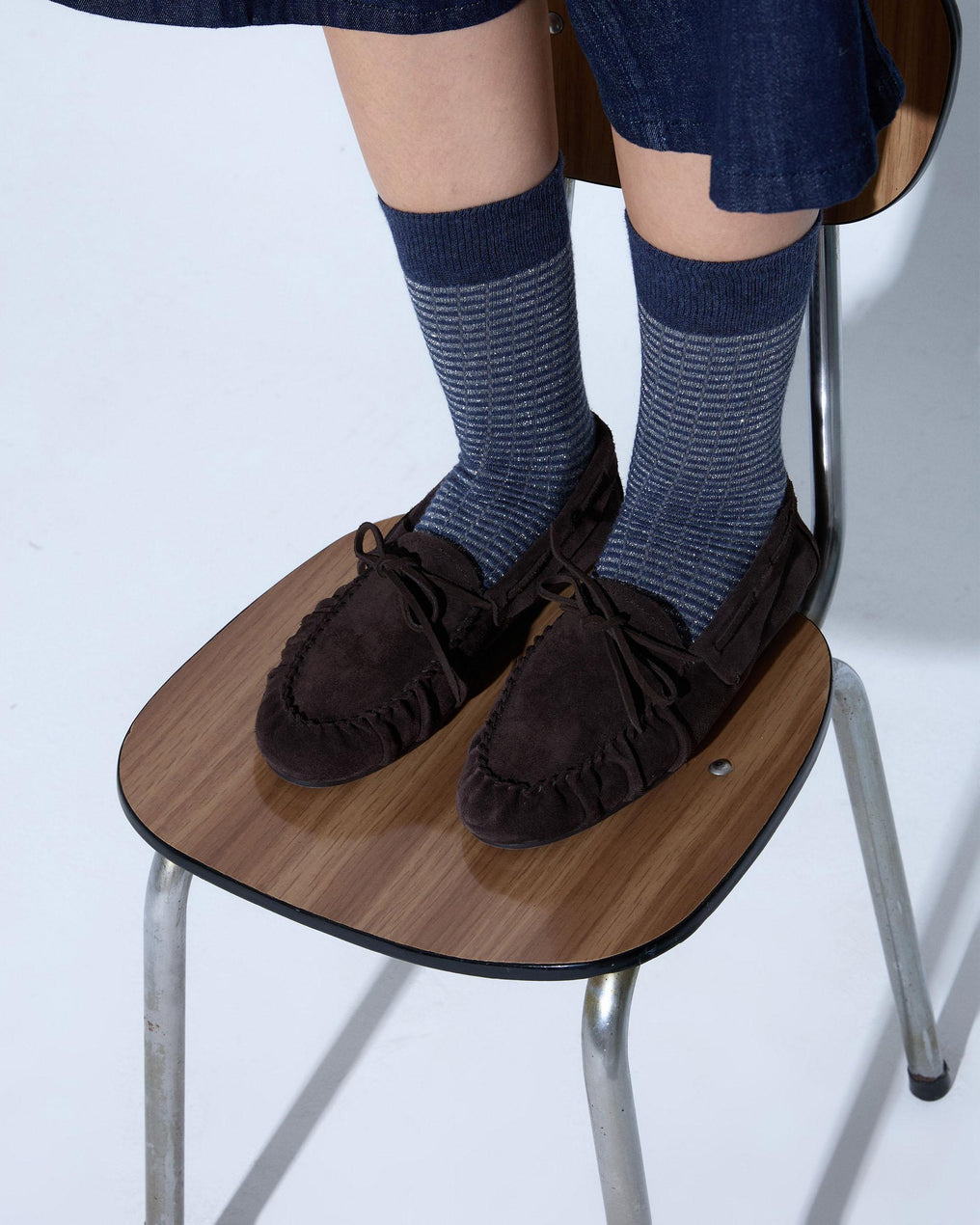 Dark Blue Lurex Striped Mid-Calf Socks
