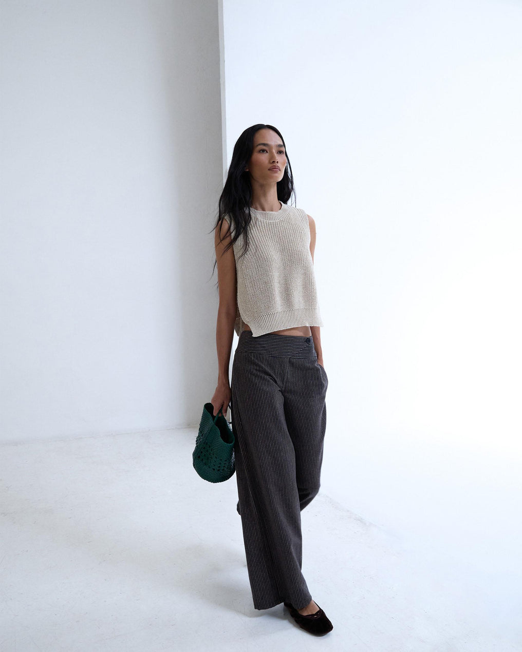 Pantalón Rayas Cinturilla Cruzada Marrón